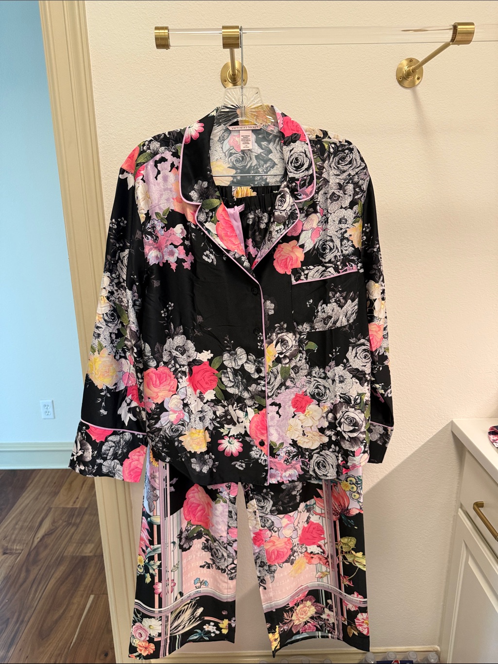 Victoria's Secret Black Satin Floral Pajama Set With Pink Accents